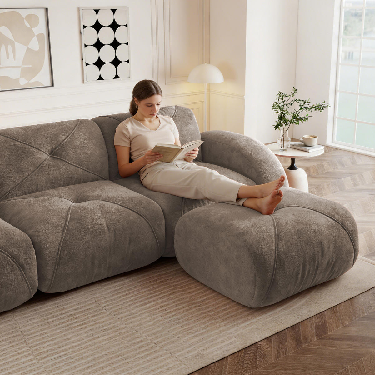 2-SITZER Sofa 204×171×76 cm Chenille Stoff rahmenlos modular mit 2 Hockern, braun - Braun, Textil (171/76/204cm) - Luhomfu