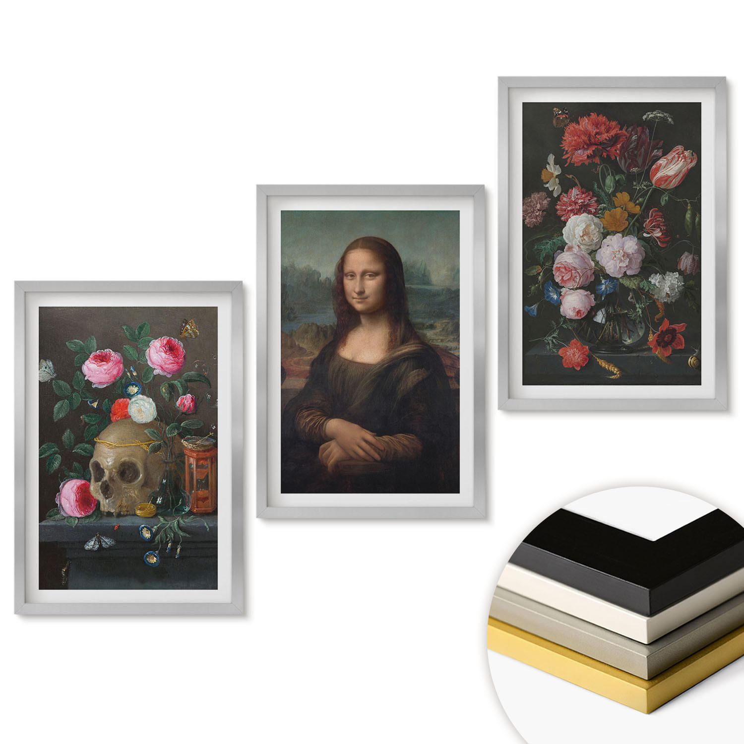 WANDBILDER 3er Set - 40x60 cm Silberner Rahmen - Blumenschädel-Porträt Mona Lisa - Silberfarben, Kunststoff (40/60cm) - ArtPrintCave