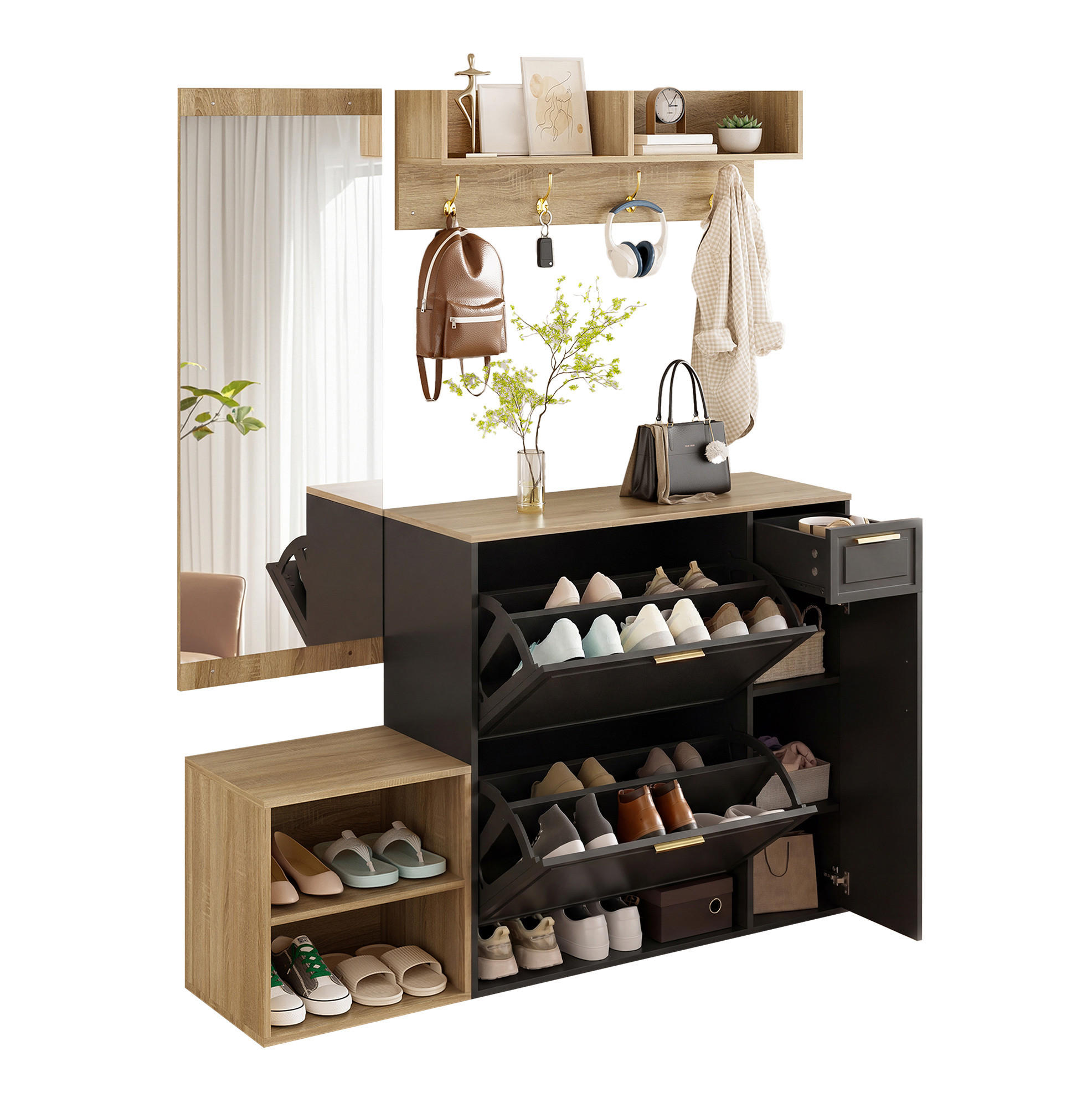 GARDEROBENSET 139,5/35/166 cm aus Spanplatte mit 4-teiligem Stauraumkonzept Schwarz/Natur - Naturfarben, Holzwerkstoff (130/174/30cm) - Modenvie