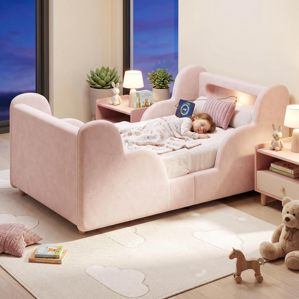 KINDERBETT Rosa Samt 90x200 Schutzgeländer Massivholz - Pink, Textil (90/200cm) - FLIEKS