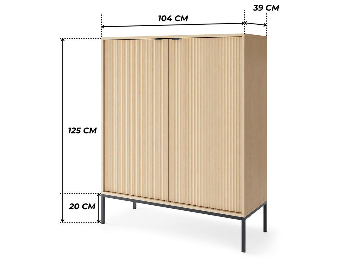 MODERNE Geriffelte Hochkommode KIOTO KW2D (Eiche Vicenza, Schwarzes Gestell, Soft-Close Türen) - Eichefarben/Schwarz, Holz/Holzwerkstoff (104/125/39cm) - Ravio