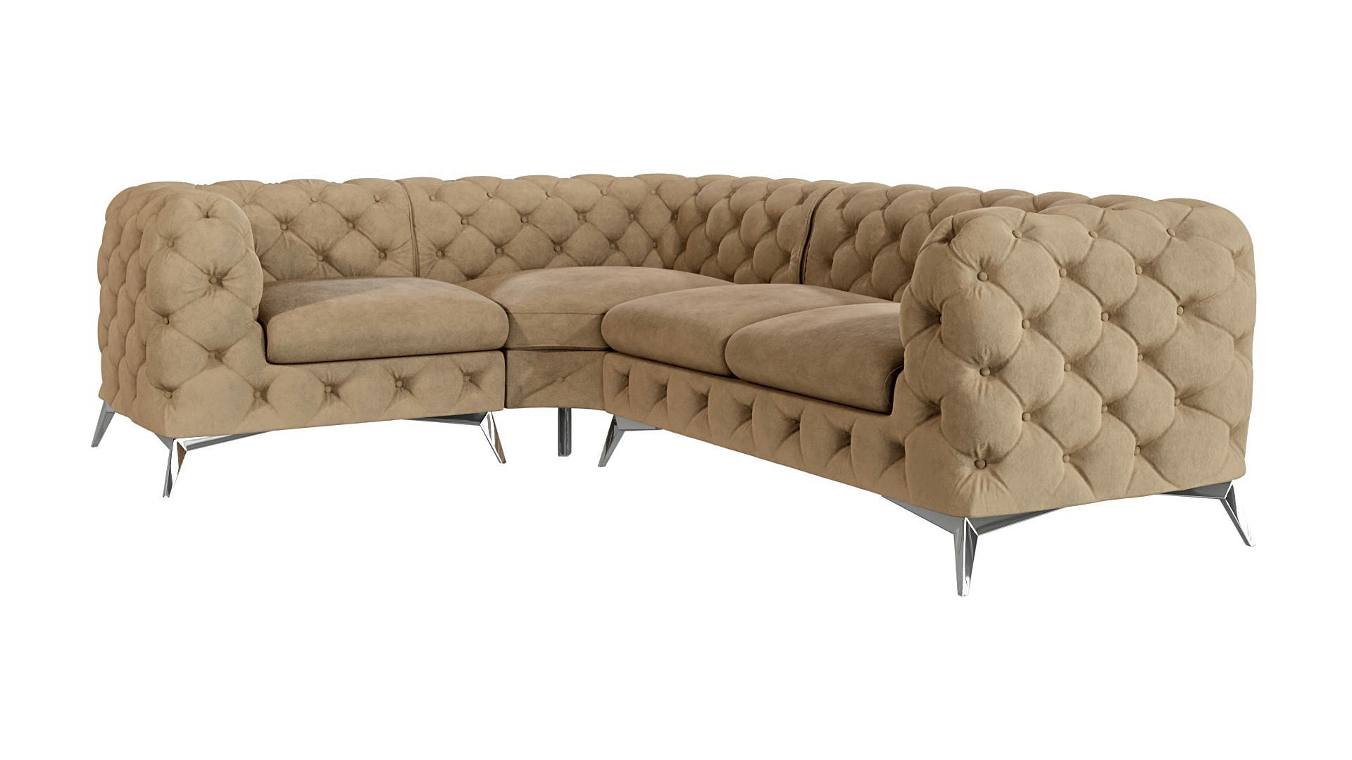 ECKSOFA Chesterfield Laura Beige Samt, Ottomane Links - Beige/Silberfarben, Holz/Textil (264/204cm) - S-Style Möbel