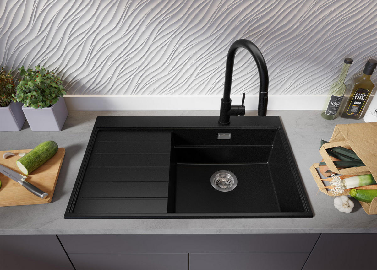 GRANITSPÜLE Sydney, 2-er set Schwarz 78/50 cm 1 Becken + Küchenarmatur 32/20 cm + Ablauf-Set + Küchenzubehörset ab 50er Unterschrank - Chromfarben/Beige, Kunststoff (78/20/50cm) - Primagran