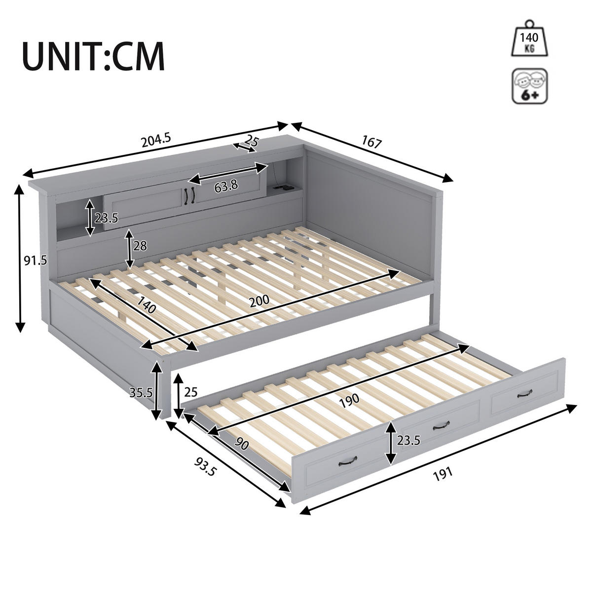 MULTIFUNKTIONSBETT 140/200 cm grau mit LED-Leuchten und ausziehbarem Bett - Grau, Holzwerkstoff (140/200cm) - OKWISH