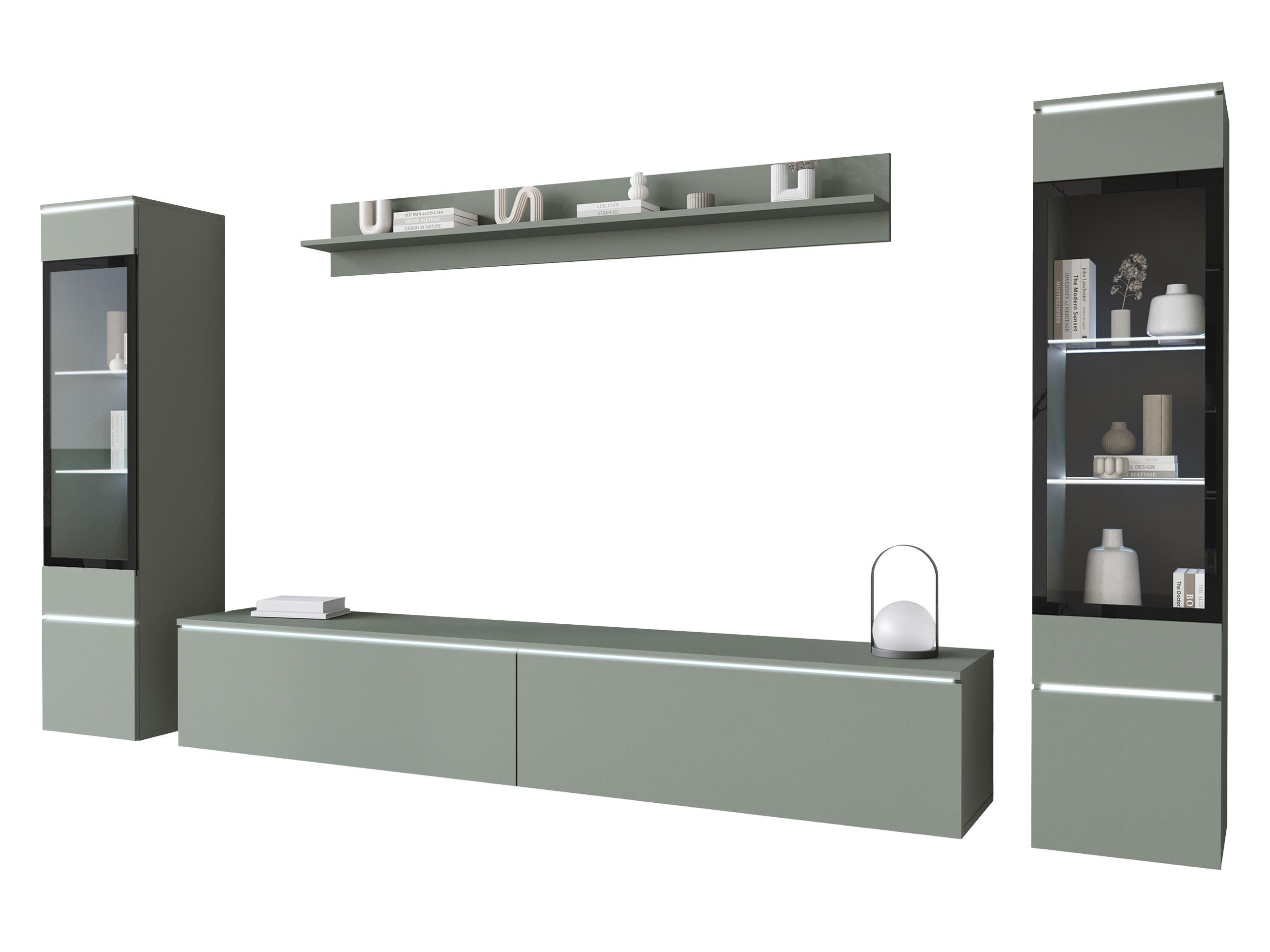 WOHNWAND Vera II mit weißer LED Beleuchtung - Grün, Holzwerkstoff (30/130/33cm) - MIRJAN24