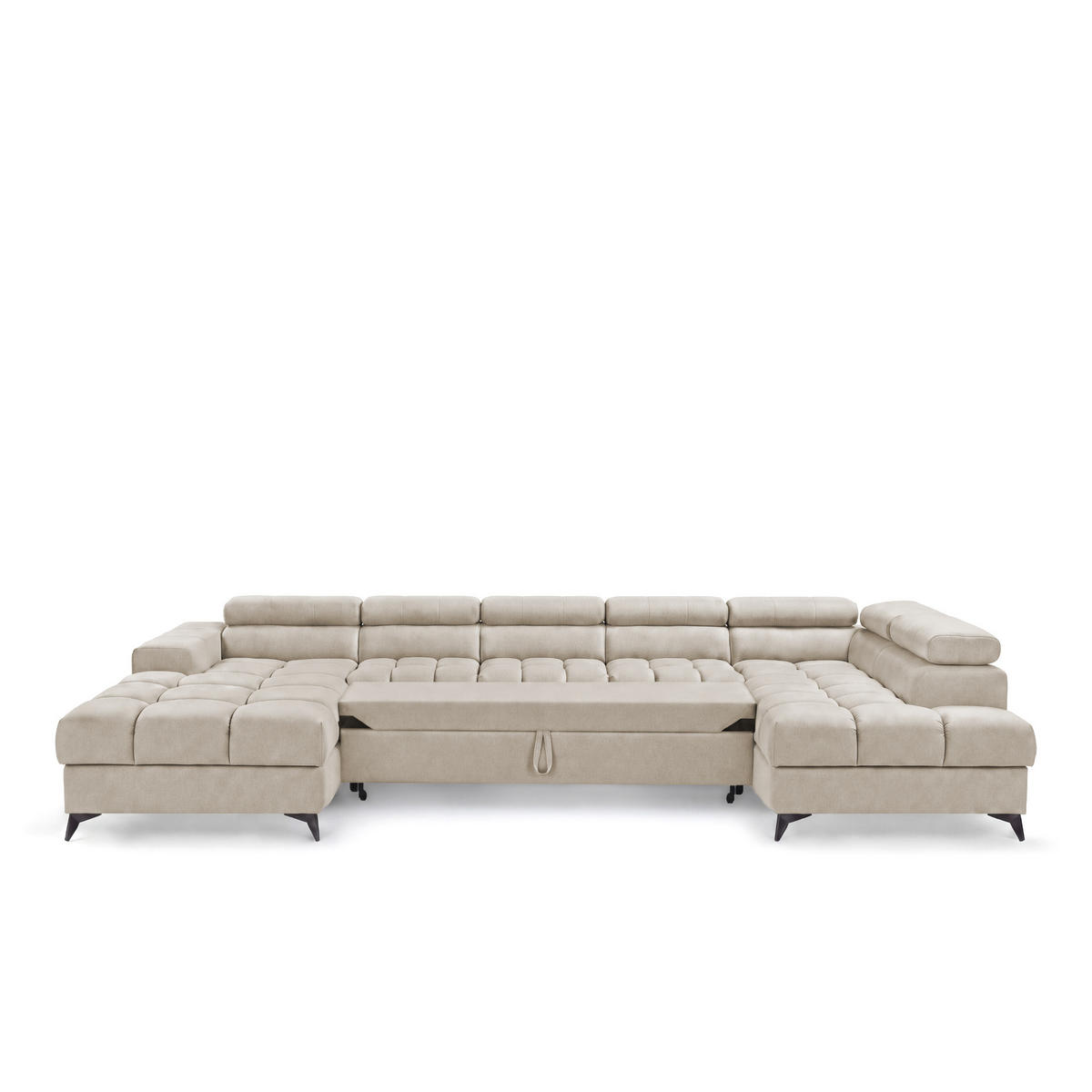 ECKSOFA PUDDING MAXI U Rechts mit Schlaffunktion 125x330 Velours Creme - Creme/Schwarz, Holz/Textil (421/203cm) - Muffo