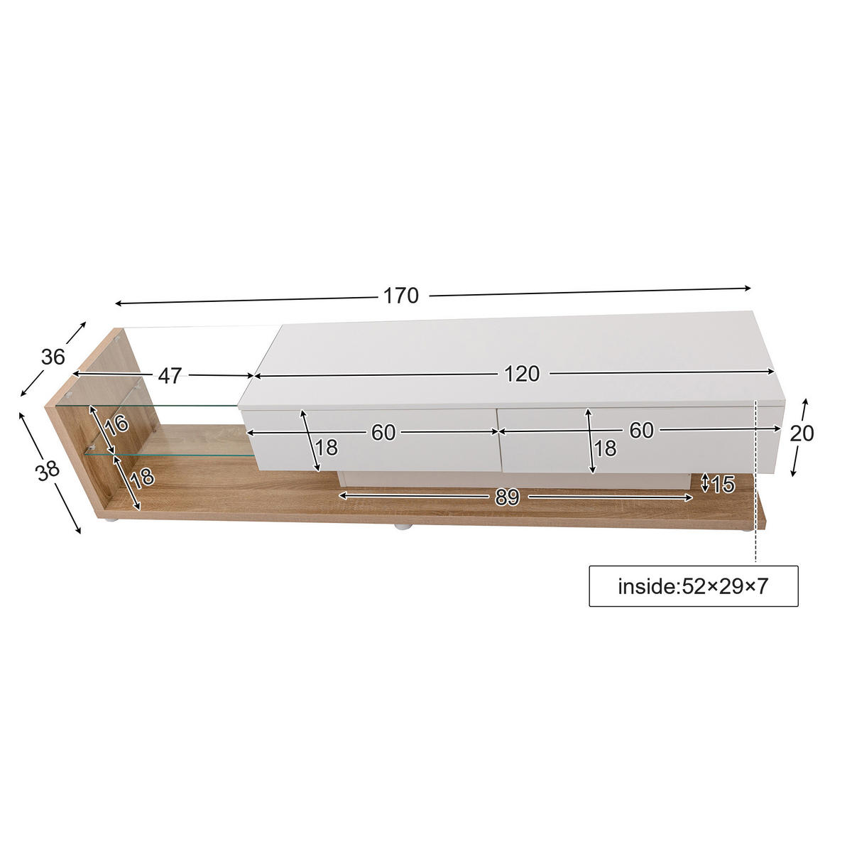 TV-SCHRANK in Weiß Hochglanz mit LED, Schubladen und Glasböden 170/38/36 cm - Weiß, Holzwerkstoff (170/38/36cm) - Redom