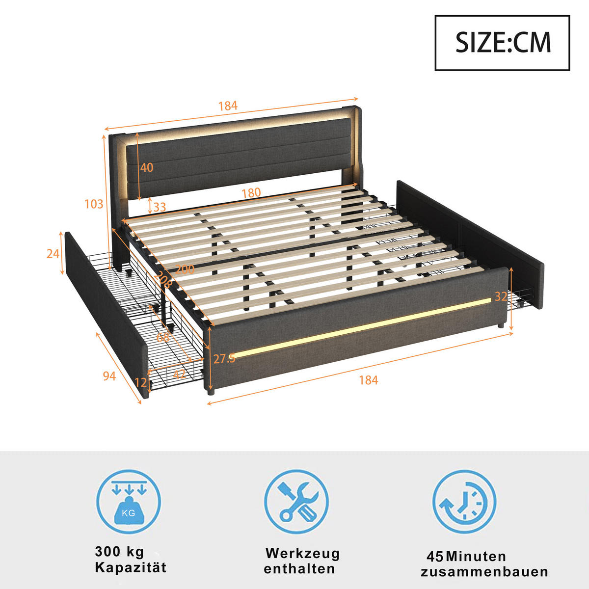 POLSTERBETT 180/200 cm grau mit farbwechselnder LED-Beleuchtung und vier Ablagefächern - Grau, Textil (180/200cm) - OKWISH