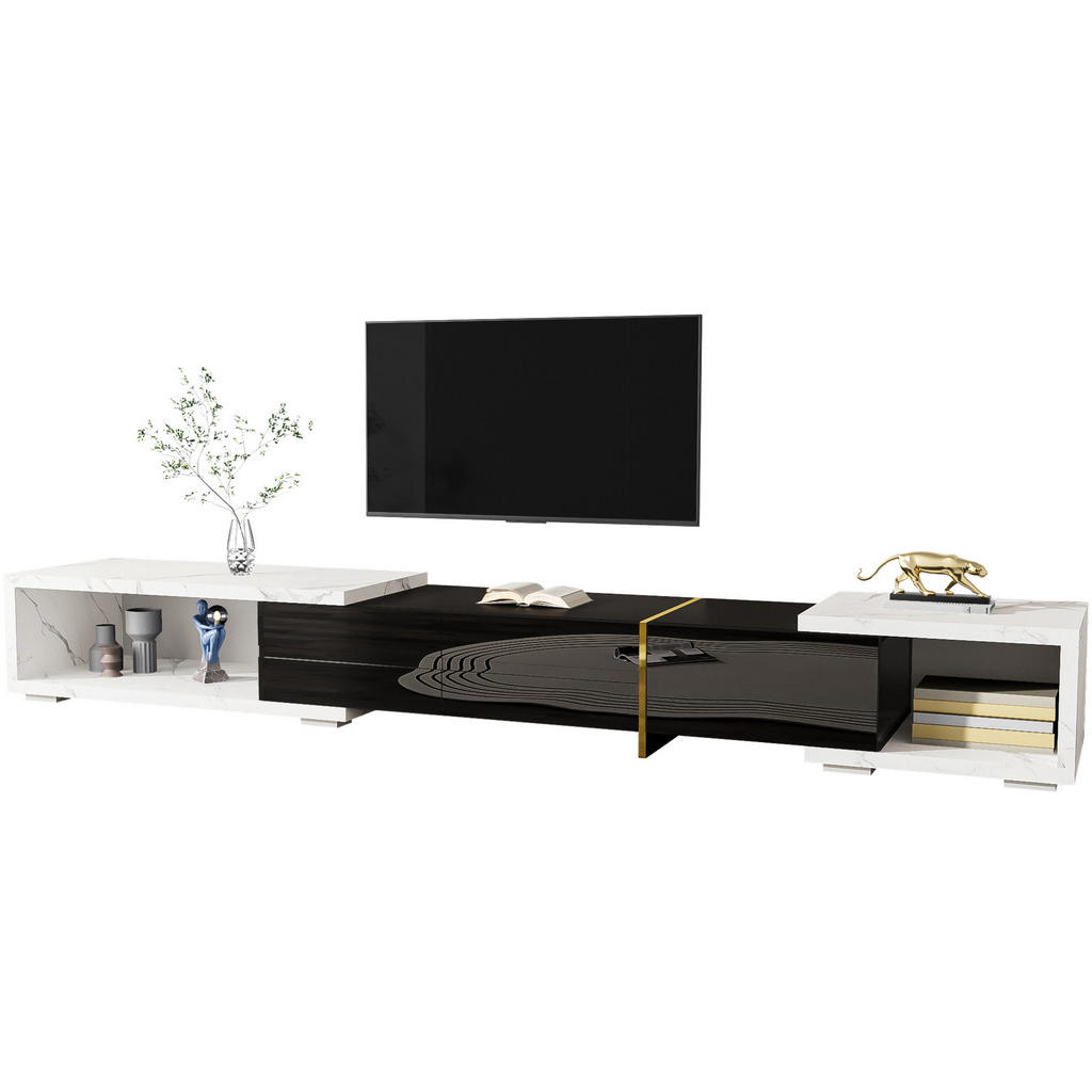 Modfu TV stolek z MDF a dřevotřísky 260x40x30 cm černý/bílý mramor otočný a rozkládací s velkým úložným prostorem