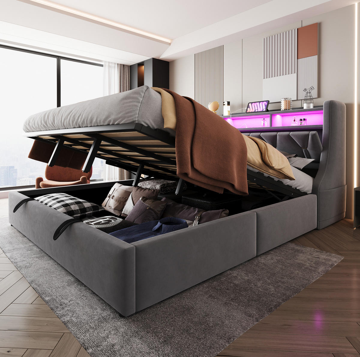 POLSTERBETT 180/200 cm Grau aus Samtstoff mit Stauraum - Grau, Textil (180/200cm) - OKMYHOME