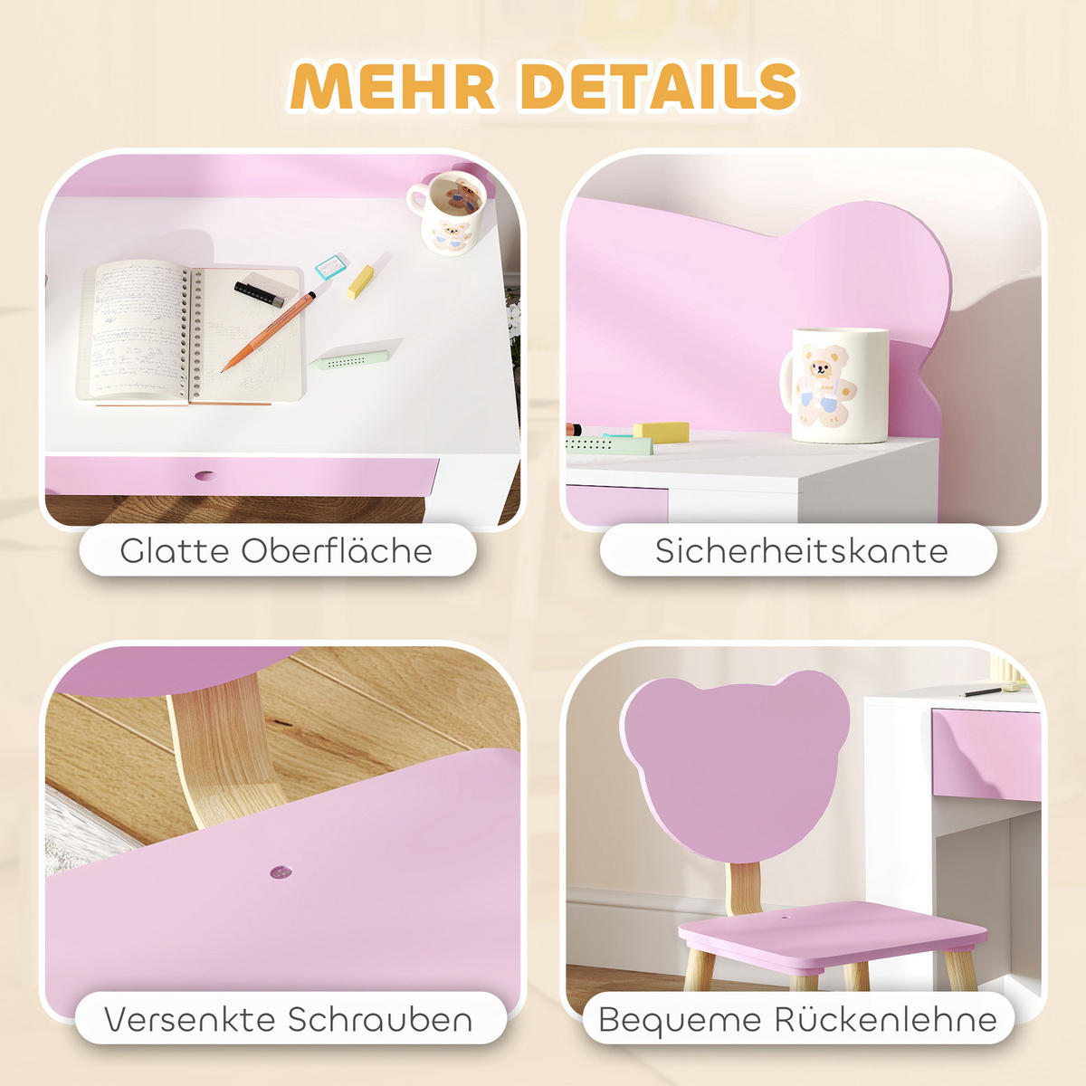 KINDERSCHREIBTISCH Set mit Tischplatte & Schublade Kinder Schreibtisch und Stuhl - Rosa, Holz (41/74.5/80cm) - AIYAPLAY