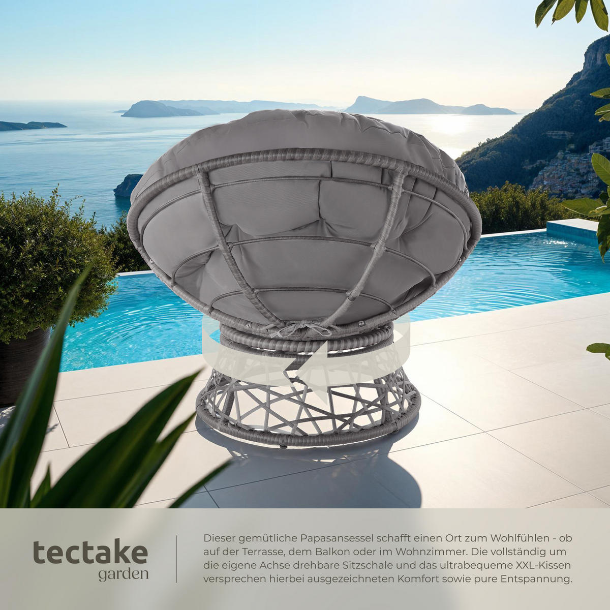 RATTANSESSEL Gargano,92 x 80 x 80,5 cm,grau - Grau, Kunststoff (80/80.5/92cm) - tectake
