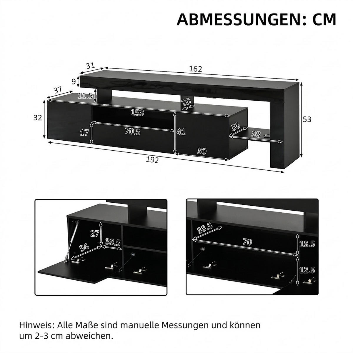 TV-SCHRANK 192/37/53 cm Schwarz mit LED und 3 schränke - Schwarz, Holzwerkstoff (192/53/37cm) - Oxeza