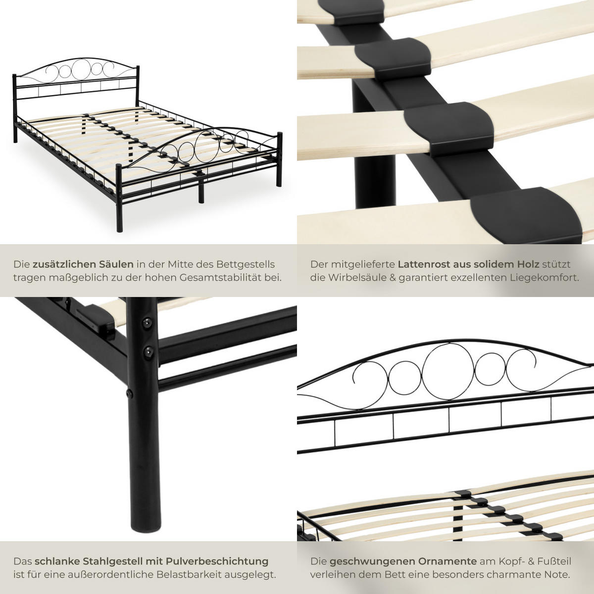 METALLBETT Sonno,140 x 200 cm,schwarz/schwarz - Schwarz, Metall - tectake