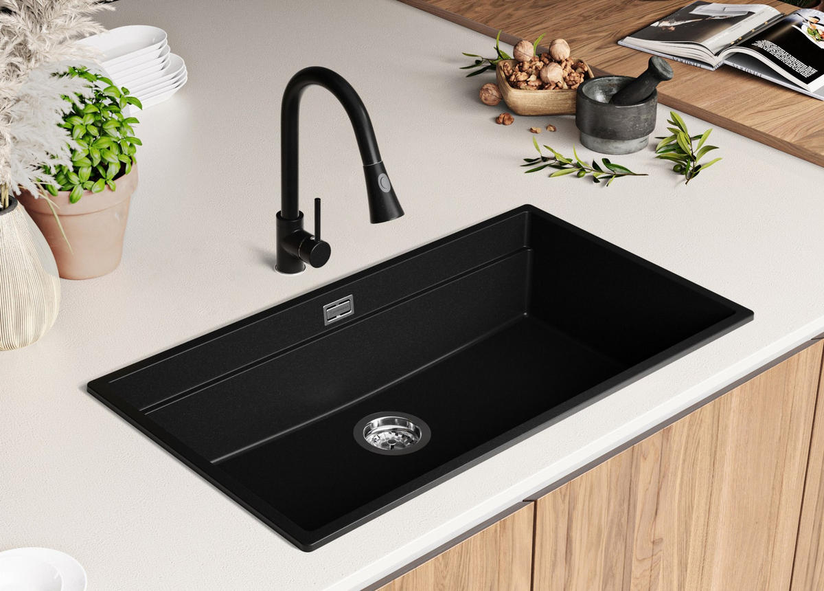 SPÜLBECKEN Praga Slim, 2-er set Schwarz 86/47 cm 1 Becken + Ablauf-Set + Aufrollbare Abtropffläche ab 90er Unterschrank - Chromfarben/Schwarz, Kunststoff (86/20/47cm) - Primagran