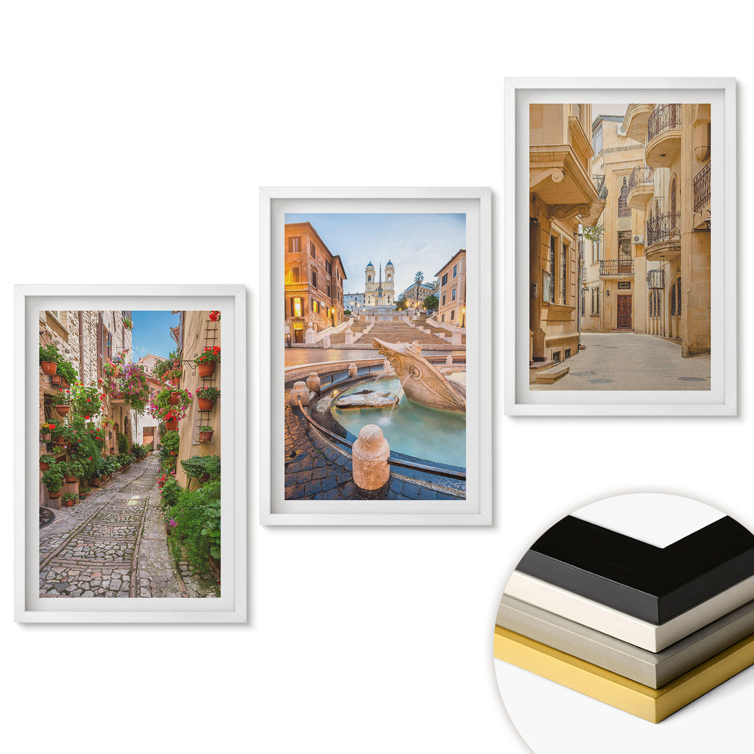 WANDBILDER 3er-Set - 40x60 cm Weißer Rahmen - Die bezaubernden Straßen des Brunnens - Weiß, Kunststoff (40/60cm) - ArtPrintCave