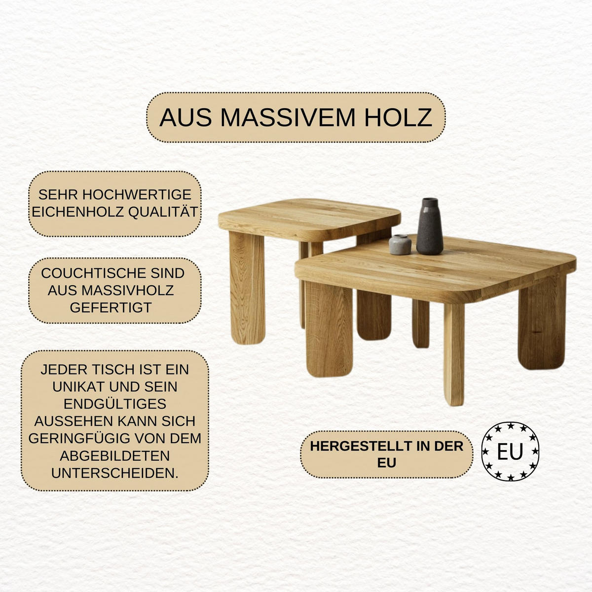 COUCHTISCH SET Eichenholz vollmassiv quadratisch Naturbelassenen 70/70/37 - Naturfarben, Holz (70/70/37cm)