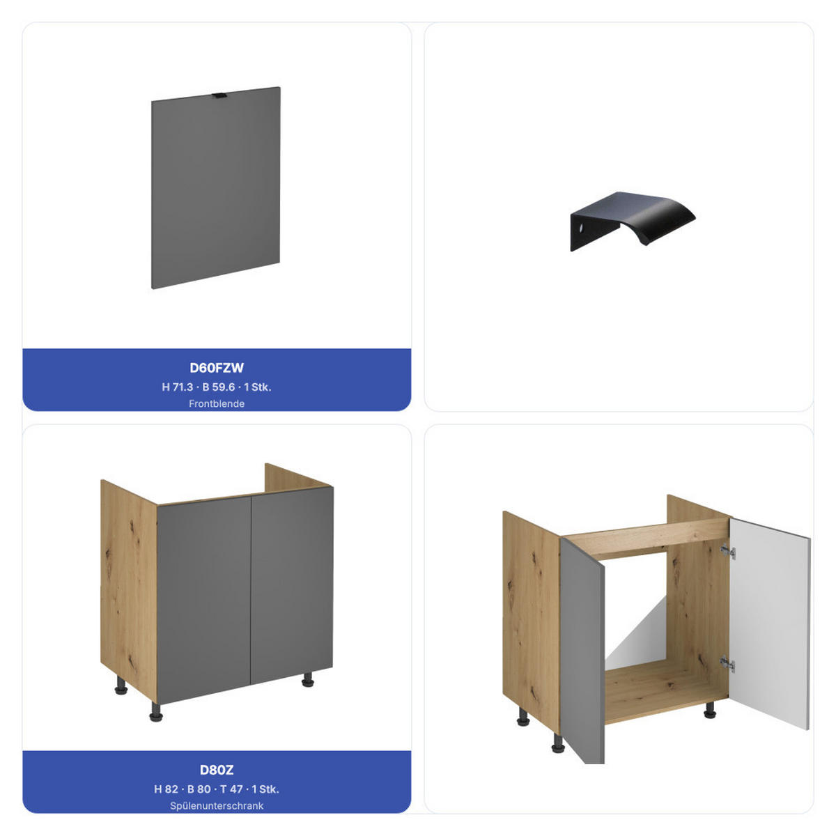 KÜCHENZEILE 360 cm - Langen KL19-M360 - in Grau / Matt - Schwarz/Grau, Holz/Metall (360/212/58cm)
