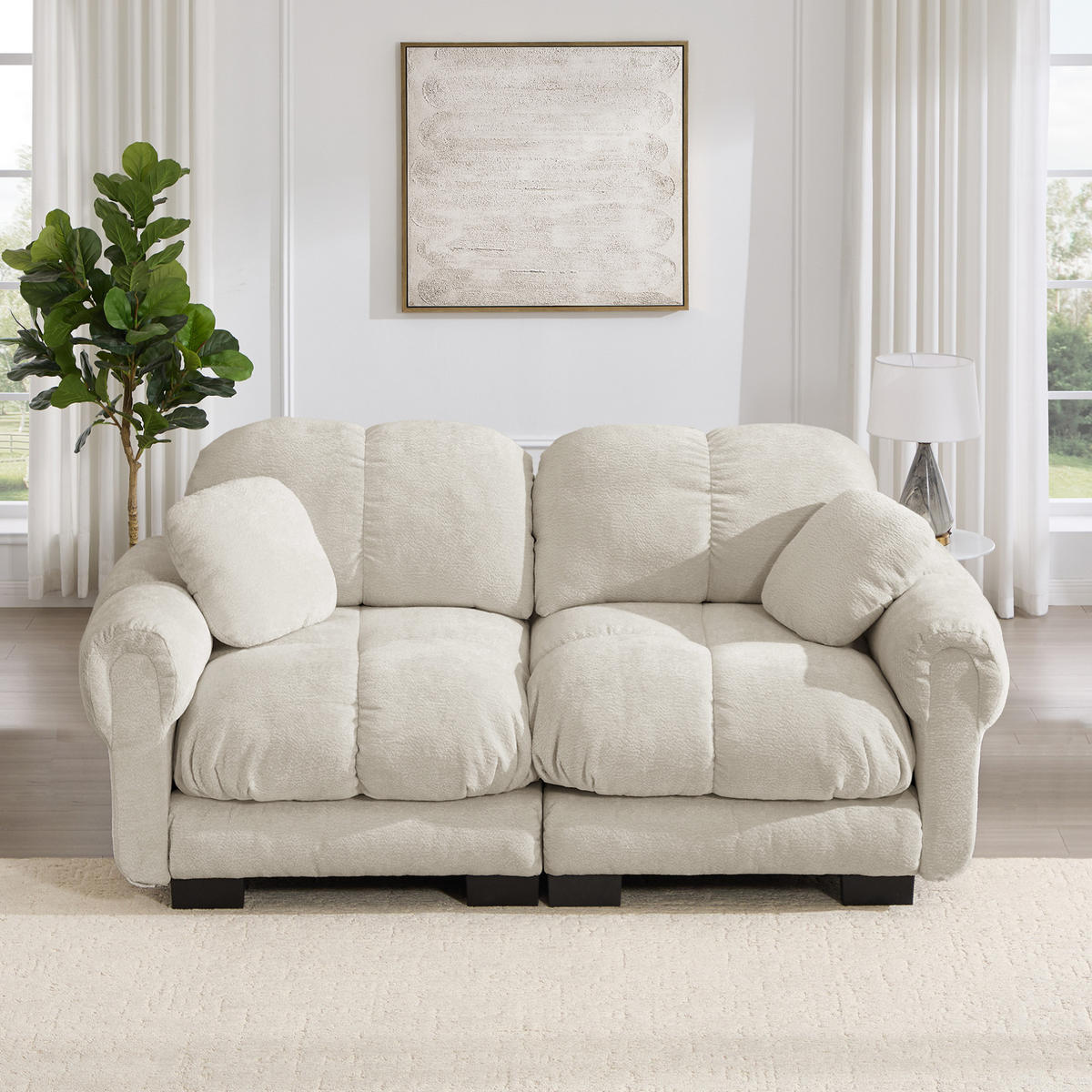 SOFA 190/86/90 cm in Hellkhaki aus Chenille mit Steppnähten - Sandfarben, Textil (86/90/190cm) - Flora Grace