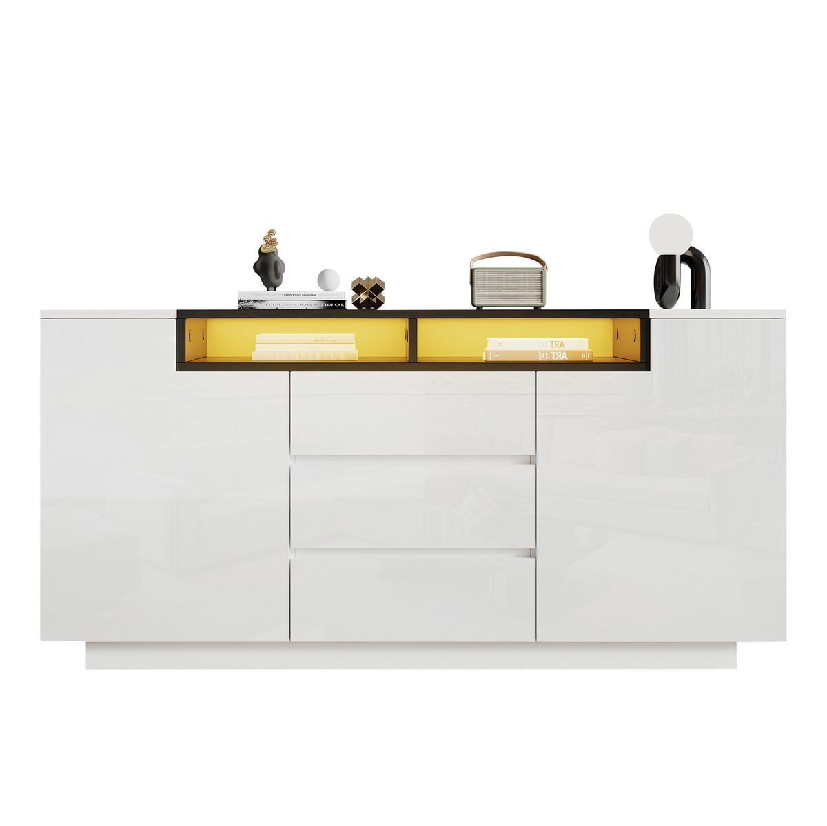 SIDEBOARD 140/40/68 cm mit 2 Türen, 3 Schubladen & LED, Weiß/Schwarz - Weiß, Holzwerkstoff (140/68/40cm) - BEAOK