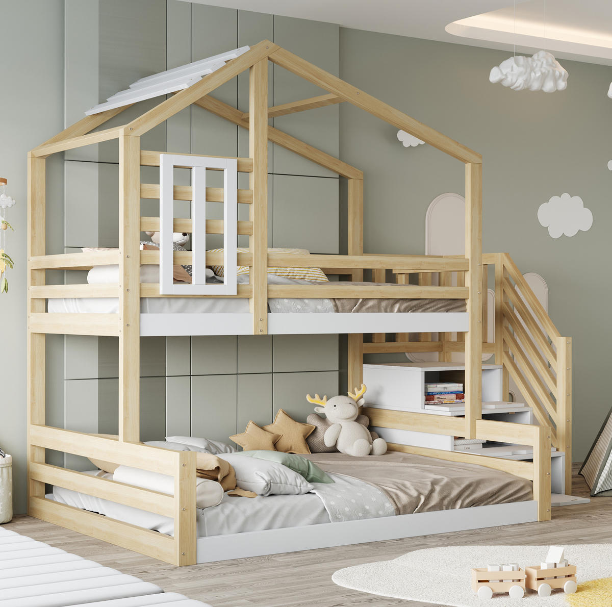 ETAGENBETT aus Kiefernholz 90x200/140x200 cm in Natur mit Treppenschrank & Fenster - Naturfarben, Holz (90/200cm) - Modfu