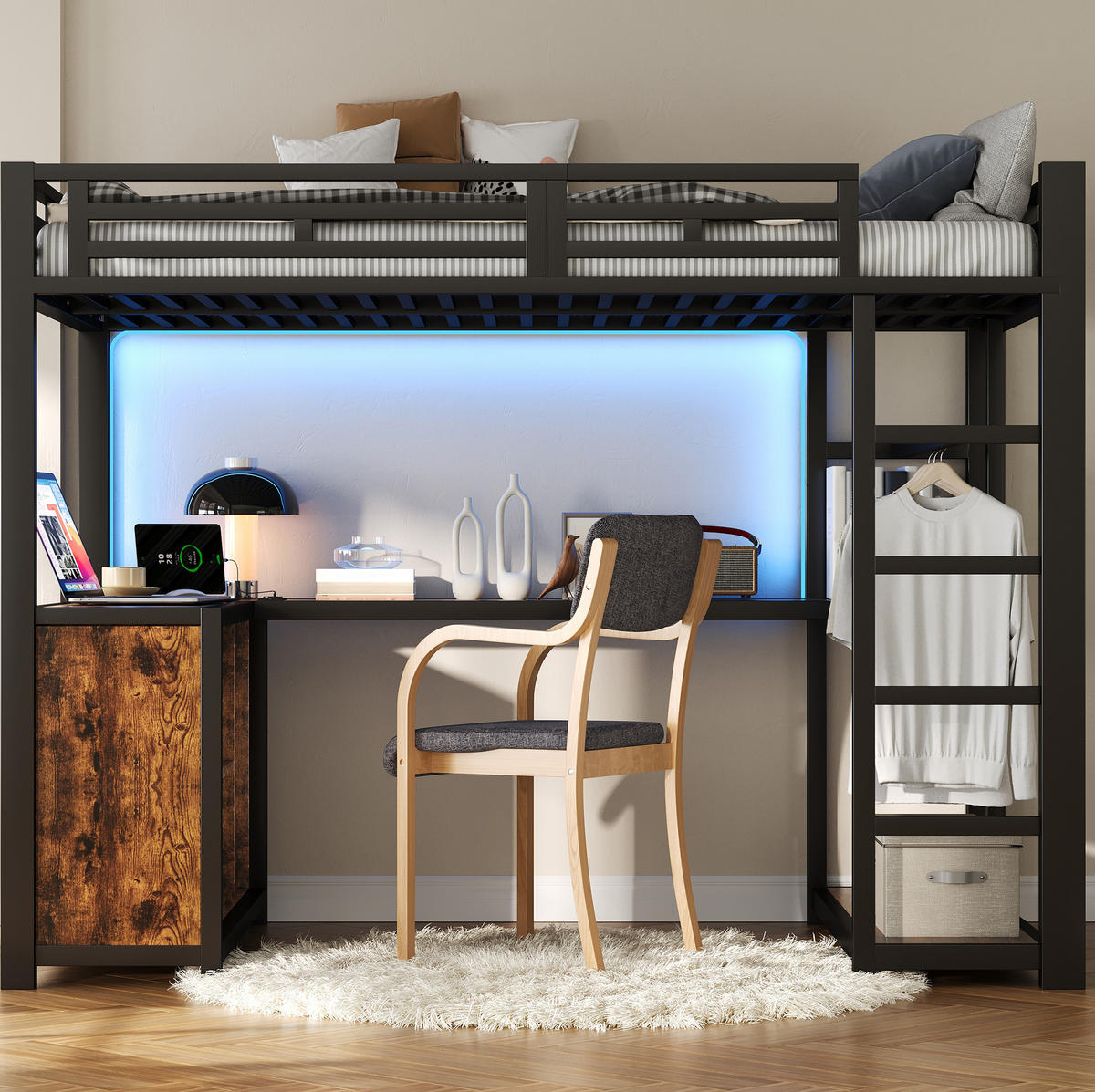 METALL-HOCHBETT 140/200 cm, Schwarz mit Schreibtisch und Stauraum - Schwarz, Metall (140/200cm) - MIVRAY