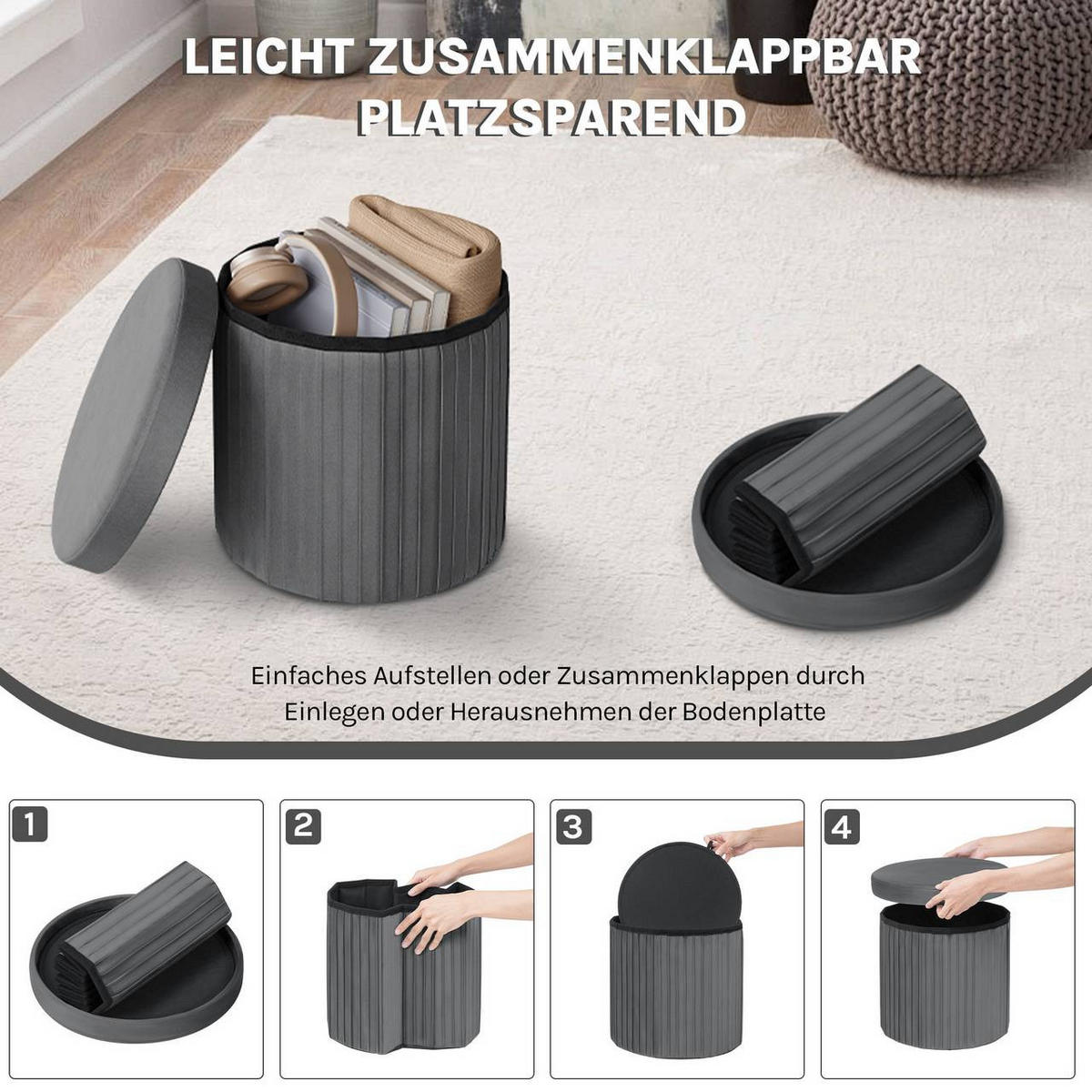 SITZHOCKER mit Deckel Stauraum, Dunkelgrau - Dunkelgrau, Textil (38/36/38cm) - Woltu