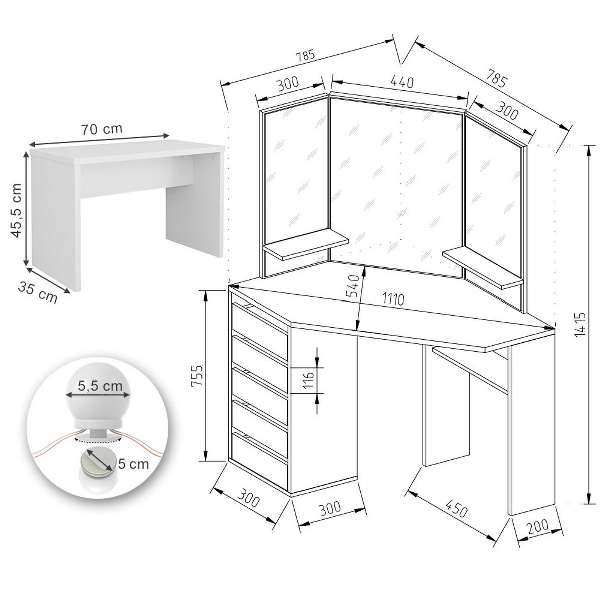ECKSCHMINKTISCH Arielle Weiß/Sonoma 110 cm mit LED Beleuchtung und Bank - Weiß/Sonoma Eiche, Holzwerkstoff (110/141.5/54cm) - Vicco
