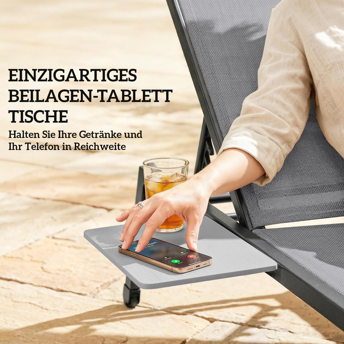 SONNENLIEGE DE-07710 2er-Set, 5-fach verstellbar, mit Seitentisch, Rollen Grau - Grau, Metall (74/35/190cm) - ComfortXL