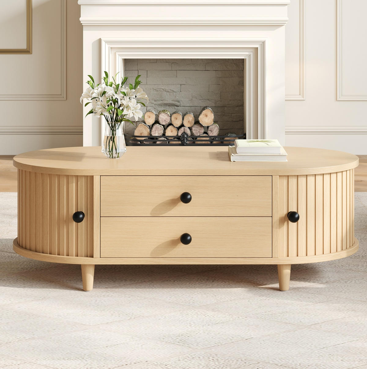 COUCHTISCH 100/50/36 cm Naturholz aus MDF mit Rolltüren und 2 Schubladen - Naturfarben, Holzwerkstoff (50/100/36cm) - OKWISH