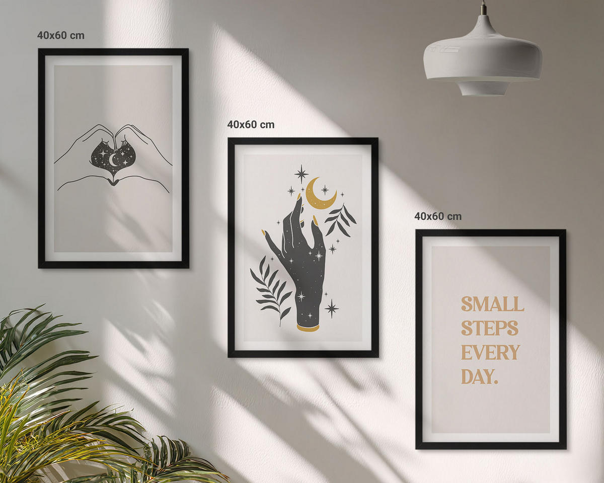 BILDER SET 3er Set - 40x60 cm Schwarzer Rahmen - Minimalistische Boho-Illustrationen - Schwarz, Kunststoff (40/60cm) - TULUP