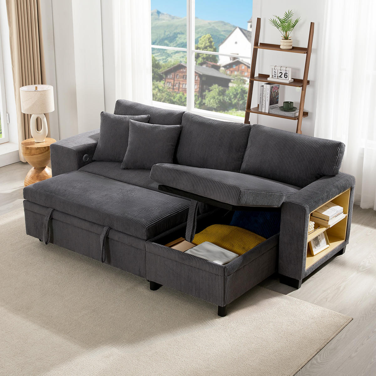 KLAPPSOFA L-Form 3-Sitzer Umbau mit USB-Ladung & Ablage Stauraum Grau - Grau, Holz (73/51.49/53.98cm) - FLIEKS