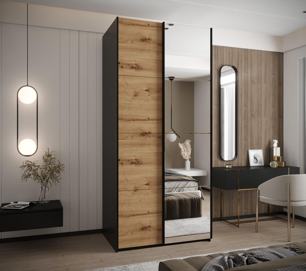 SCHWEBETÜRENSCHRANK 245,5/120/64 2-türig - Schwarz/Eiche Artisan, Holz/Metall (120/245/64cm) - Abiks Möbel