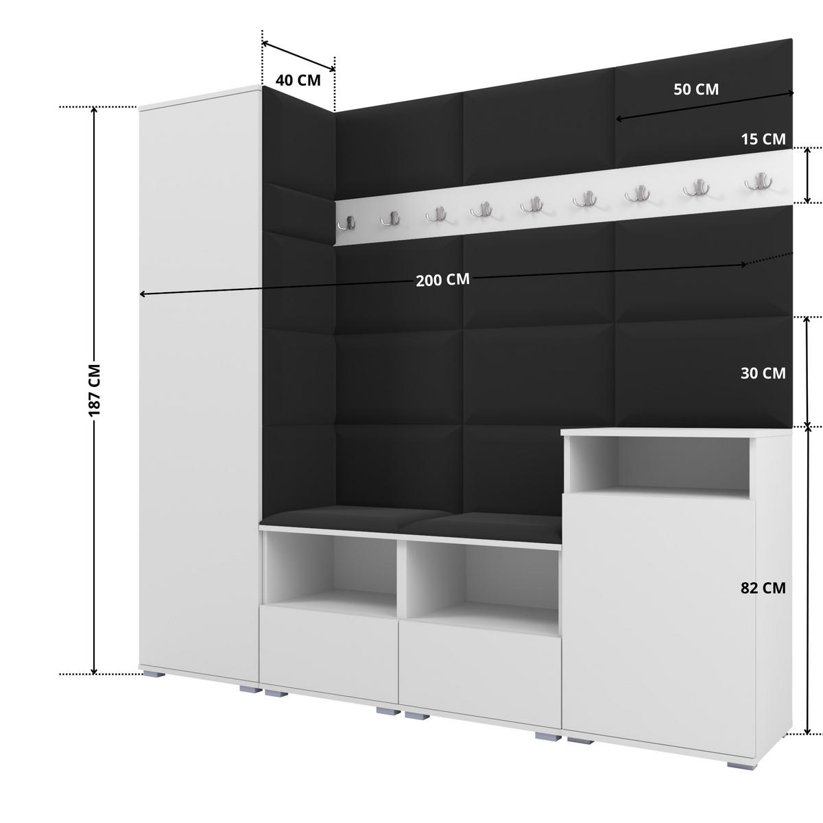 GARDEROBE NELA X 200 cm (Modulare Flurmöbel Weiß mit Sitzpolster Schwarz 16 Schrank + Sideboard) - Silberfarben/Schwarz, Holz/Holzwerkstoff (200/187/40cm) - Ravio