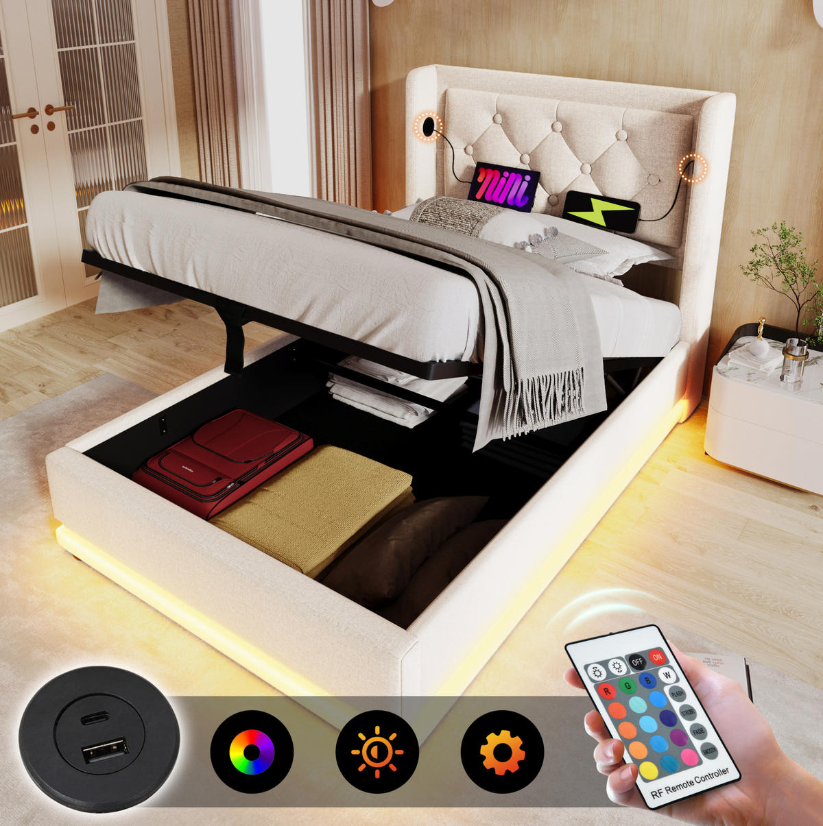 POLSTERBETT 90/200 cm Beige aus Baumwolle mit LED, USB Typ-C und Stauraum - Beige, Textil (90/200cm) - OKMYHOME