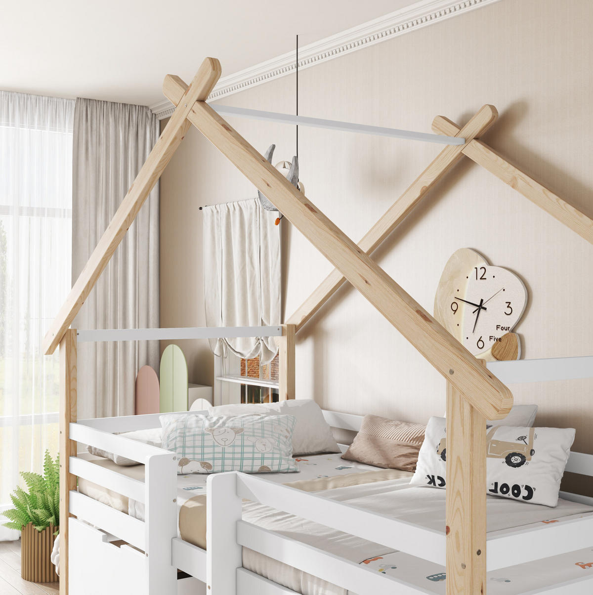 HAUSBETT 90/200 cm Weiß/Natur aus Kiefer und MDF mit Dach, Treppe und 2 Schließfächern - Weiß, Holzwerkstoff (90/200cm) - OKMYHOME