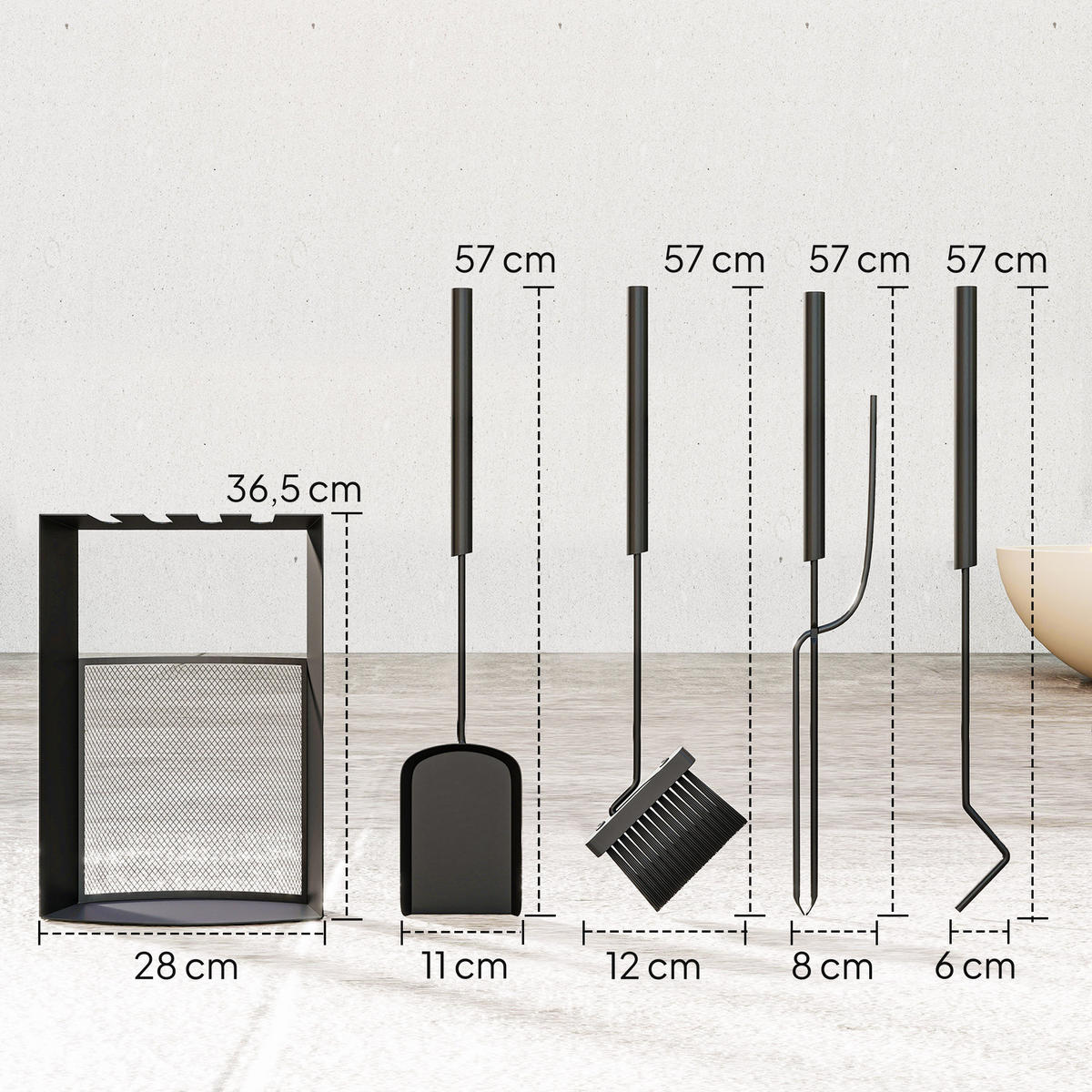 KAMINBESTECK Set 5teilig Kaminzubehör mit Besen, Schaufel, Schürhaken Zange - Schwarz, Metall (13/59.5/28cm) - Outsunny