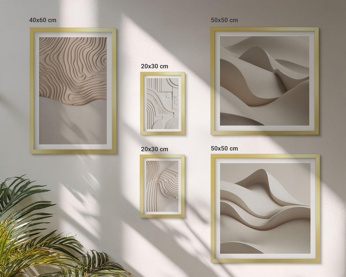 WANDBILDER 5er Set - 50x50 cm & 20x30 cm & 40x60 cm Goldrahmen - Abstrakte Wellen auf dem Sand - Goldfarben, Kunststoff (40/60cm) - ArtPrintCave