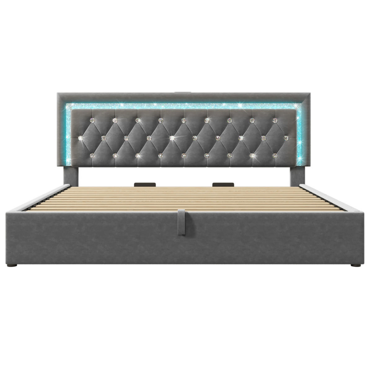 POLSTERBETT 180/200 cm aus Samt mit LED-Beleuchtung, USB- & Type-C-Anschluss und hydraulischem Stauraum, Grau - Grau, Textil (180/200cm) - Redom