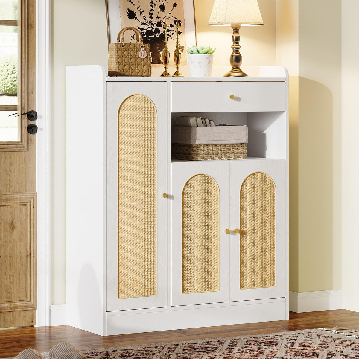 SCHUHSCHRANK Rattanoptik Weiß 90 cm mit 3 Türen und Schublade, Aufbewahrungsschrank - Naturfarben, Holz (90/110/35cm) - PARAFTA HOME