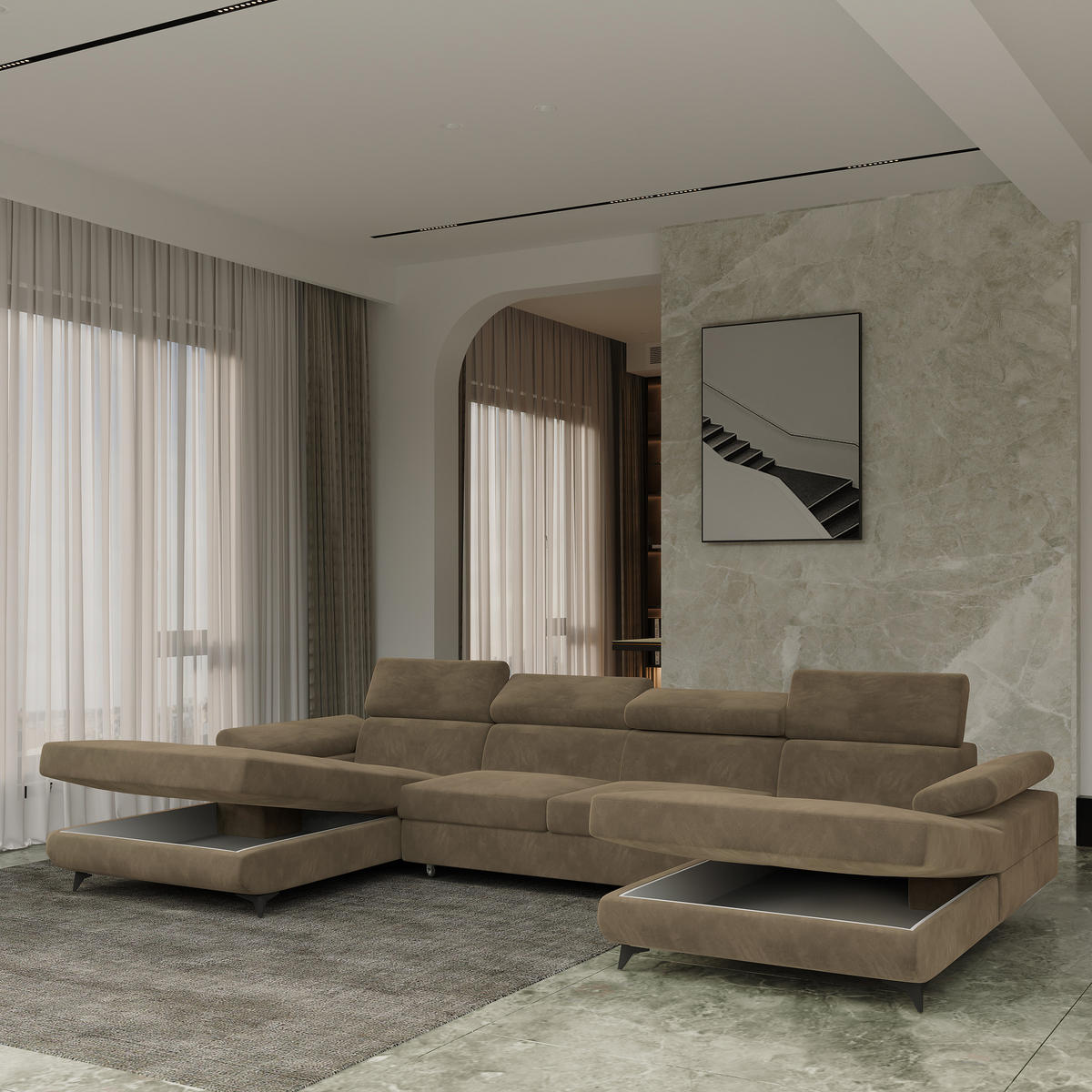 WOHNLANDSCHAFT DETTI Beige Velours-Stoff mit Schlaffunktion - Beige, Holz (339/89/190cm) - MASSENO