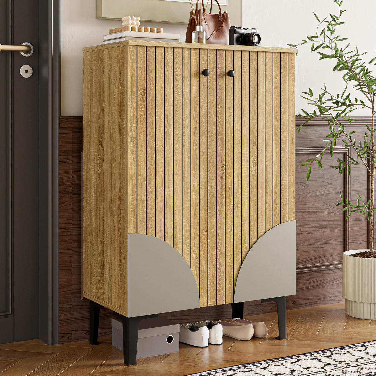 SIDEBOARD 60 cm in Natur Holz-Optik 2 Türen & schwarzes Metallgestell - Naturfarben, Holzwerkstoff (60/94/32cm) - Urban Meuble