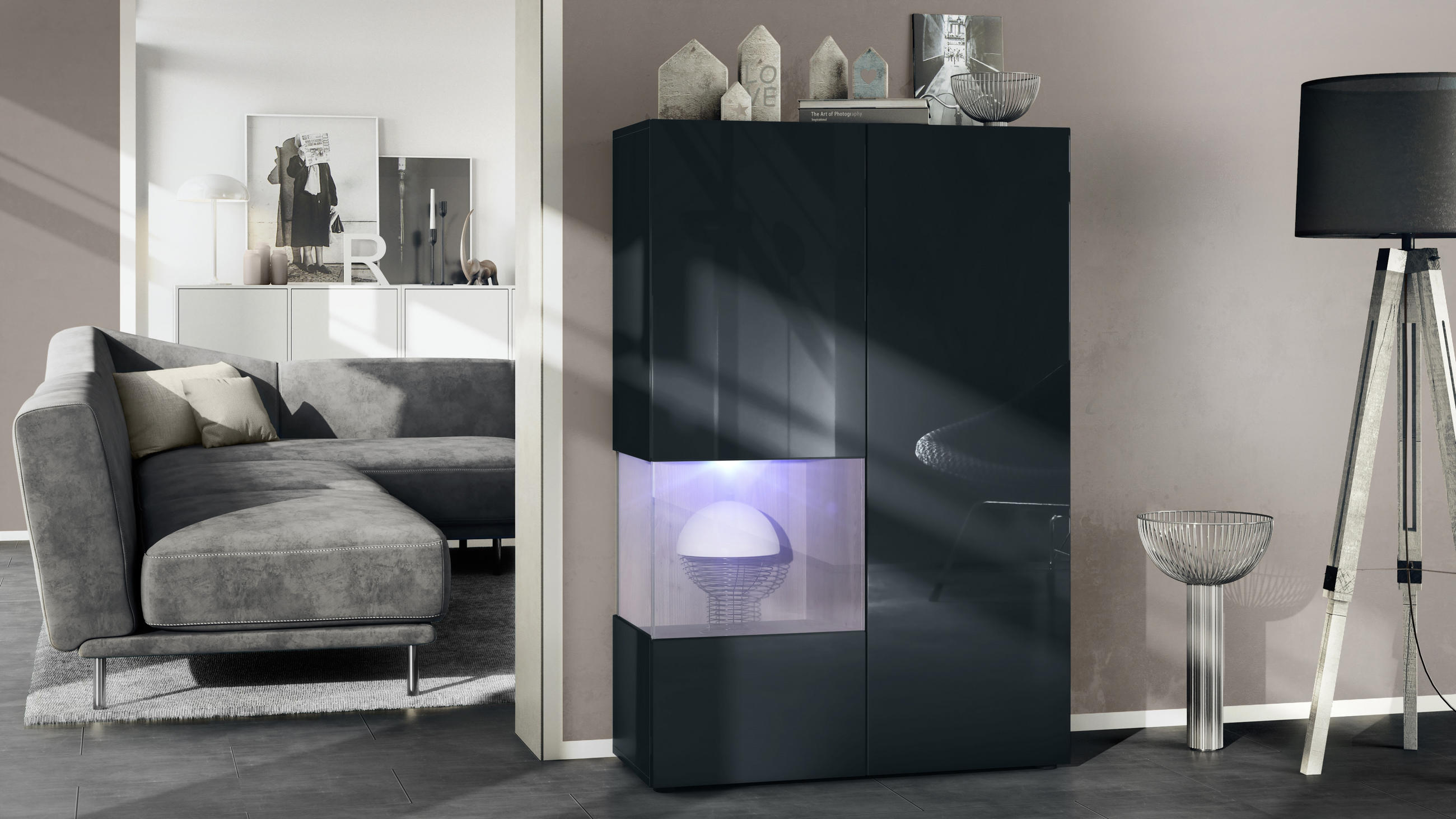 VITRINE Morena Einsatz in Eiche Nordic - Silbereichenfarben, Holzwerkstoff (91.5/136.5/37cm) - Vladon