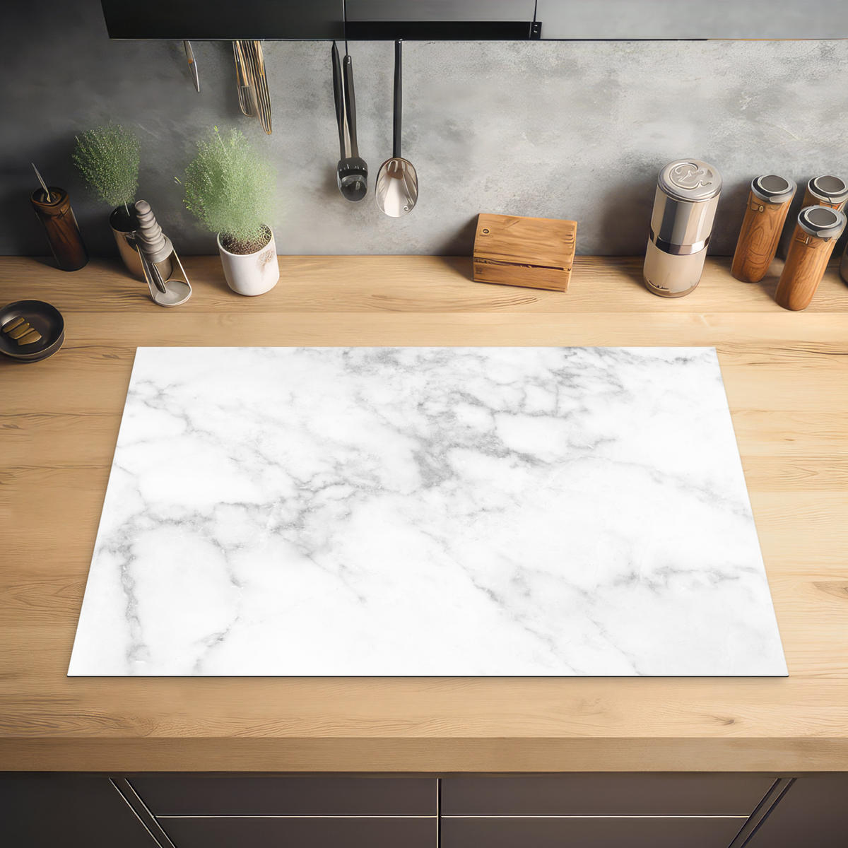 HERDABDECKPLATTE Marmor - Grau - Weiß - Strukturierter Marmor 80x52 cm - Weiß, Kunststoff (80/0.2/52cm) - MuchoWow