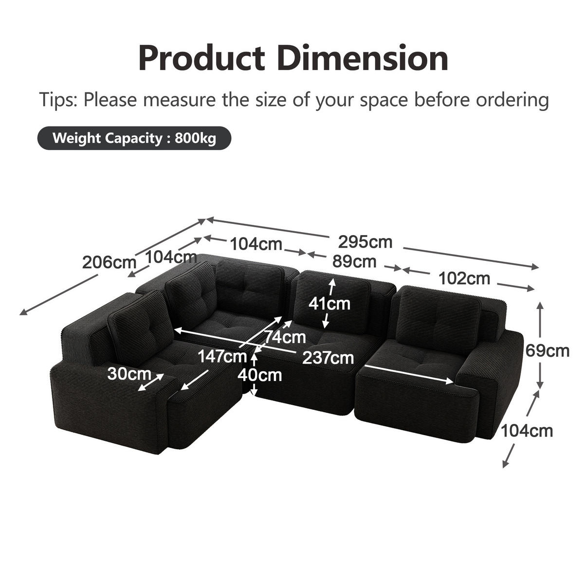 ECKSOFA 295/206/69 cm schwarz aus Cord mit modularem Design und ohne Aufbau - Schwarz, Textil (206/295cm) - OKWISH