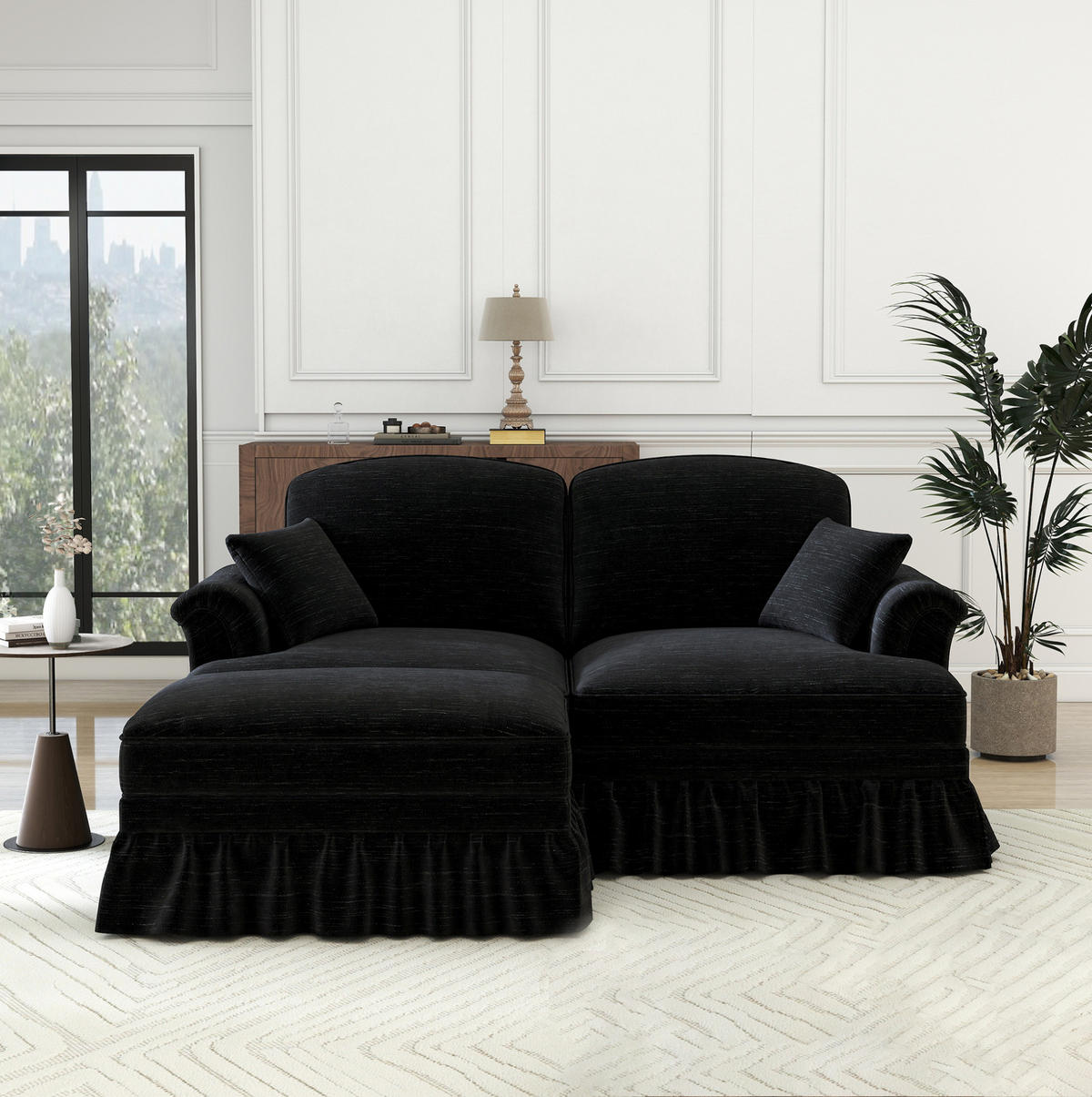 MODULARES Ecksofa Chenille mit Hocker L-Form 194/140/93 cm Schwarz - Schwarz, Textil (140/194cm) - Redom