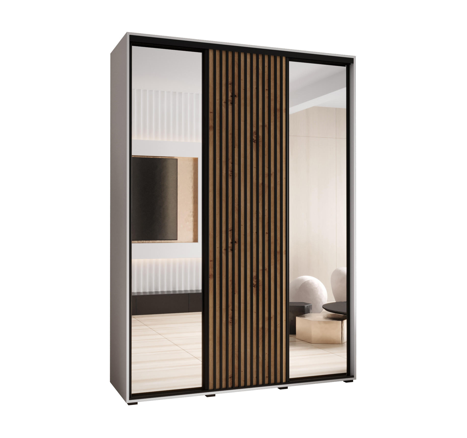 Abiks Möbel Schwebetürenschrank Weiß, Eiche Artisan, Schwarz 170x205.2x45 cm