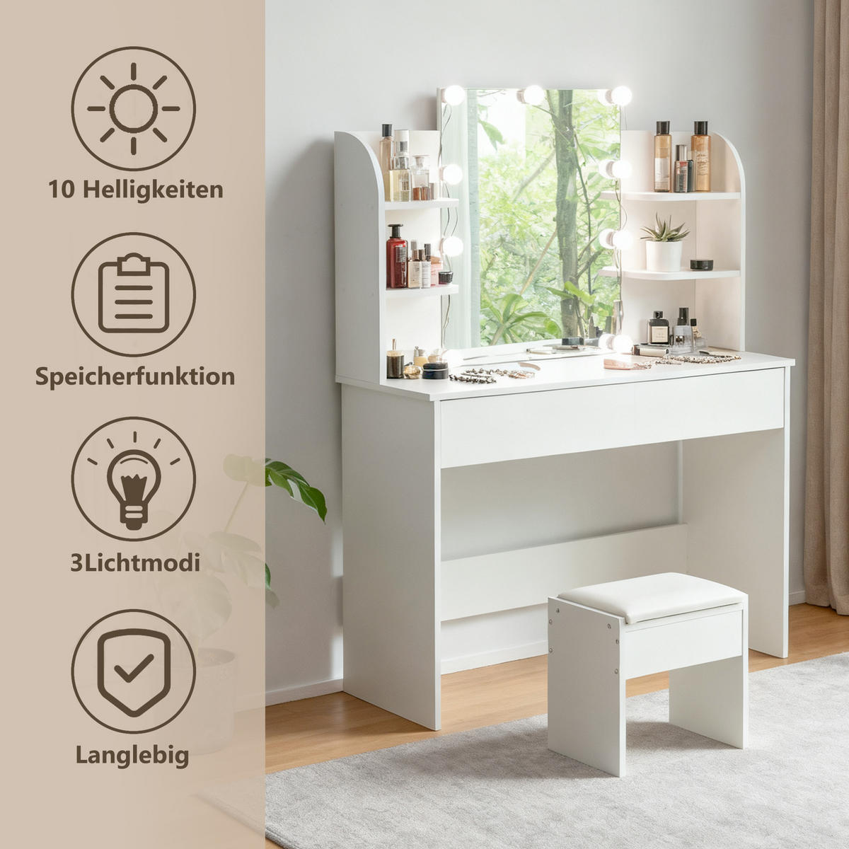 SCHMINKTISCH 40/105/130 cm Weiß aus MDF mit LED-Beleuchtung und Hocker - Weiß, Holzwerkstoff (40/130/105cm) - OKWISH