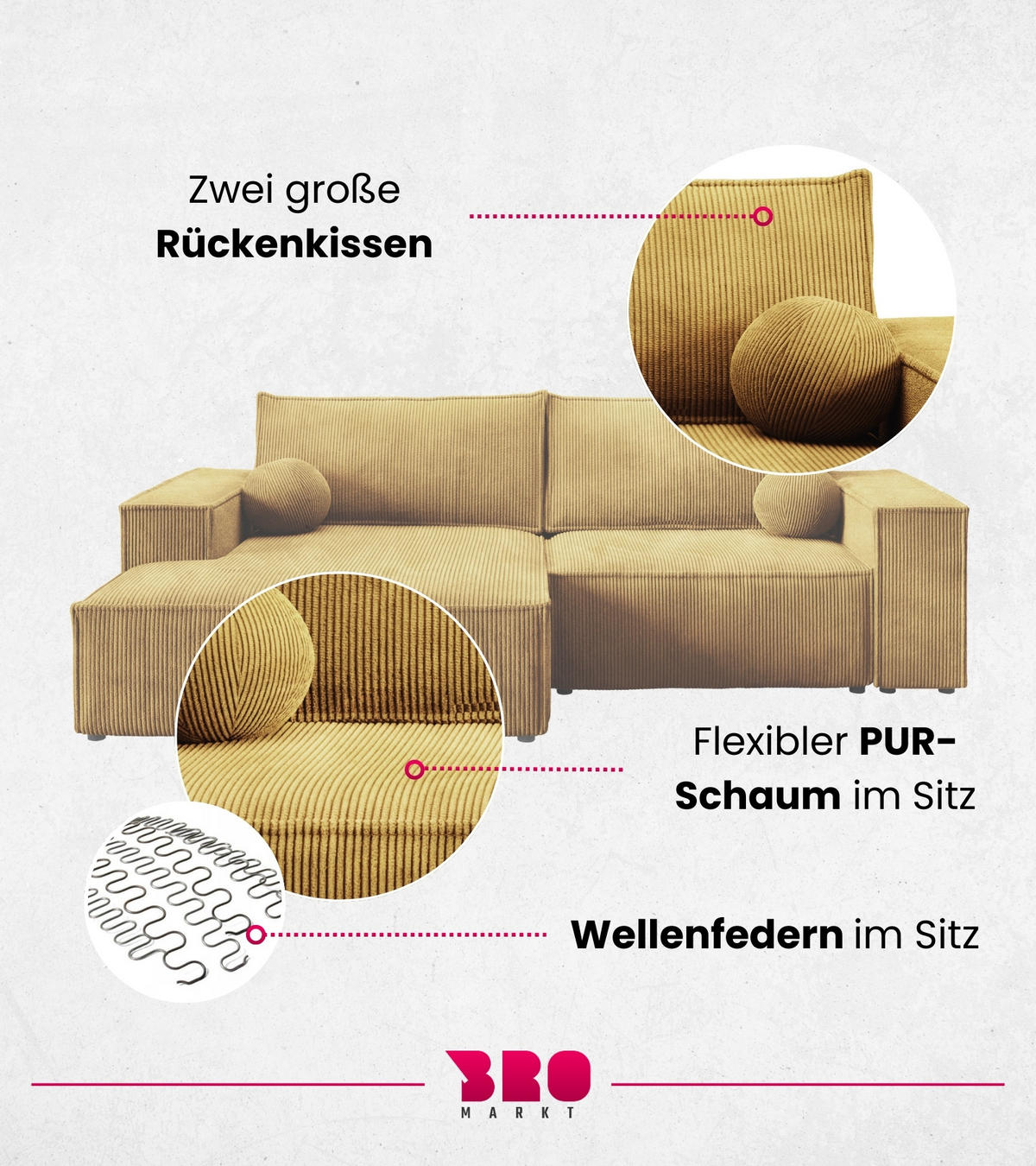 ECKSOFA Pablo Mini mit Schlaffunktion Gelb Cord - Gelb, Textil (255/148cm) - Bromarkt