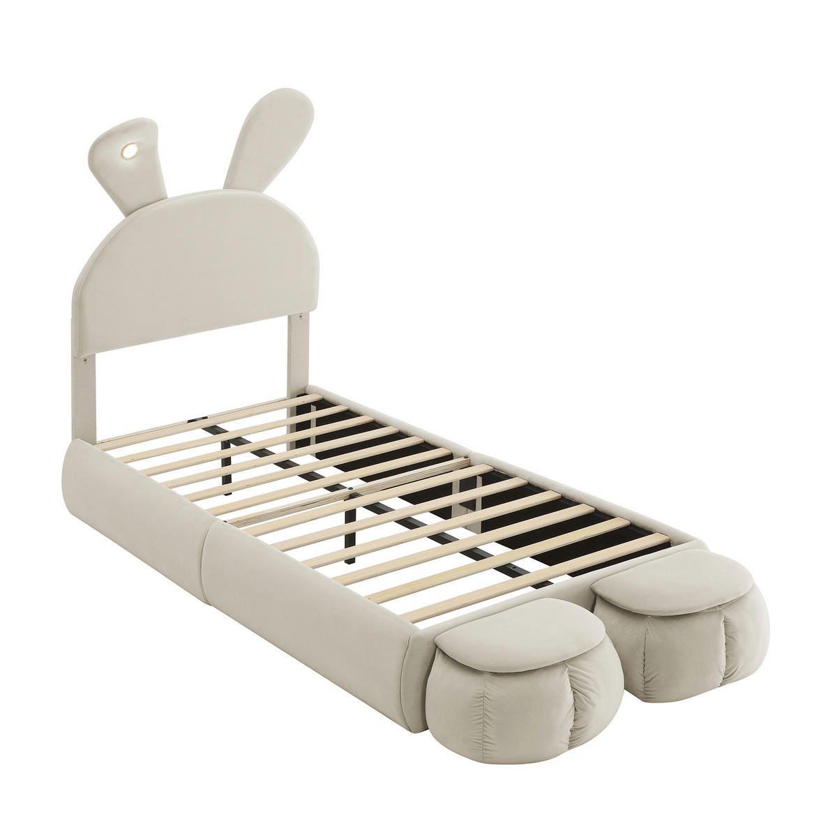 POLSTERBETT mit LED-Beleuchtung 90/200 cm in Beige mit gepolstertem Hasenohren-Kopfteil - Beige, Textil (90/200cm) - BEAOK